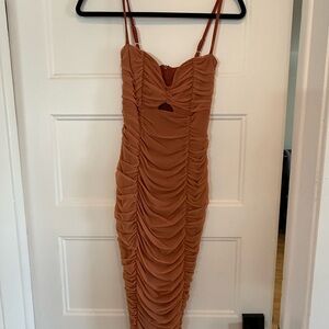 Nookie Ruched Midi Dress in Warm Tan
